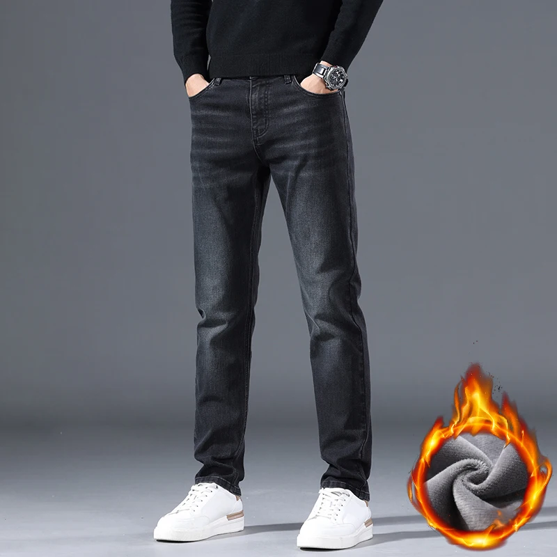 

Зимние мужские флисовые облегающие Прямые хлопковые эластичные джинсы, утепленные классические черные простые повседневные штаны, качественная брендовая одежда