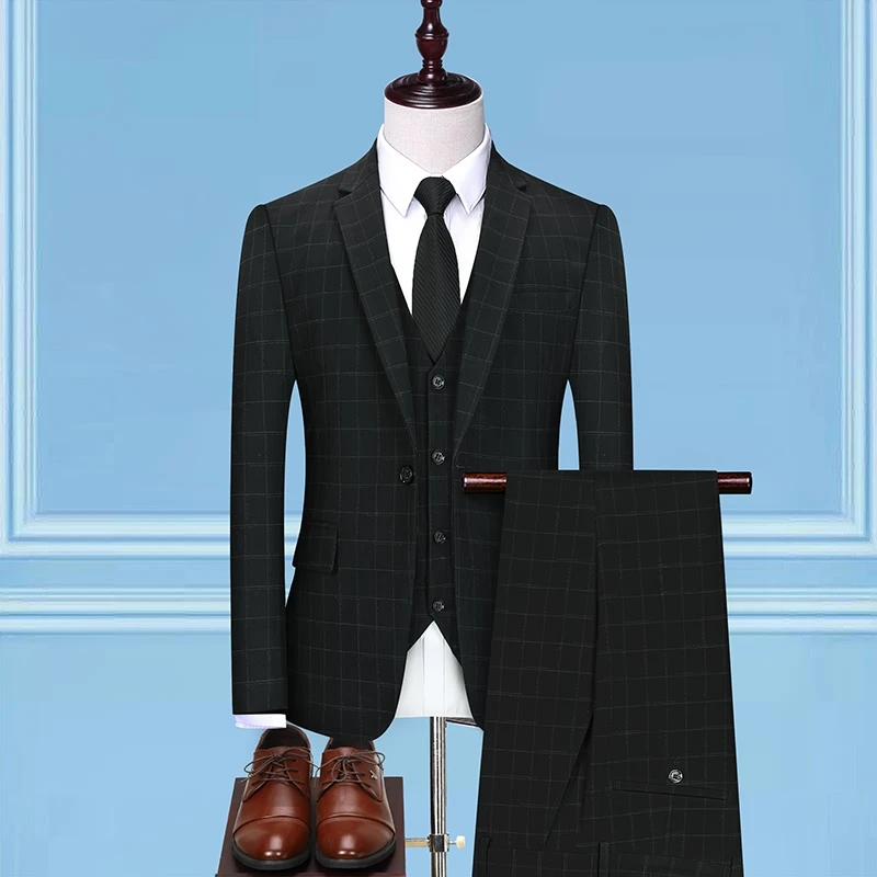 

High quality (suit + vest + trousers) British style fashion casual party wedding dress fashion men's slim suit three-piece suit