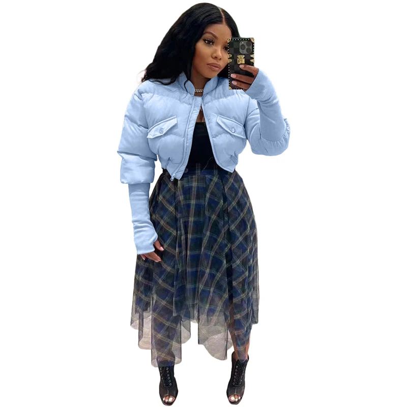 Solid Cotton Bubble Coats Women Fashion Casual Rib Patchwork Long Sleeve Zip Up Cropped Coats Top Streetwear Short Jackets