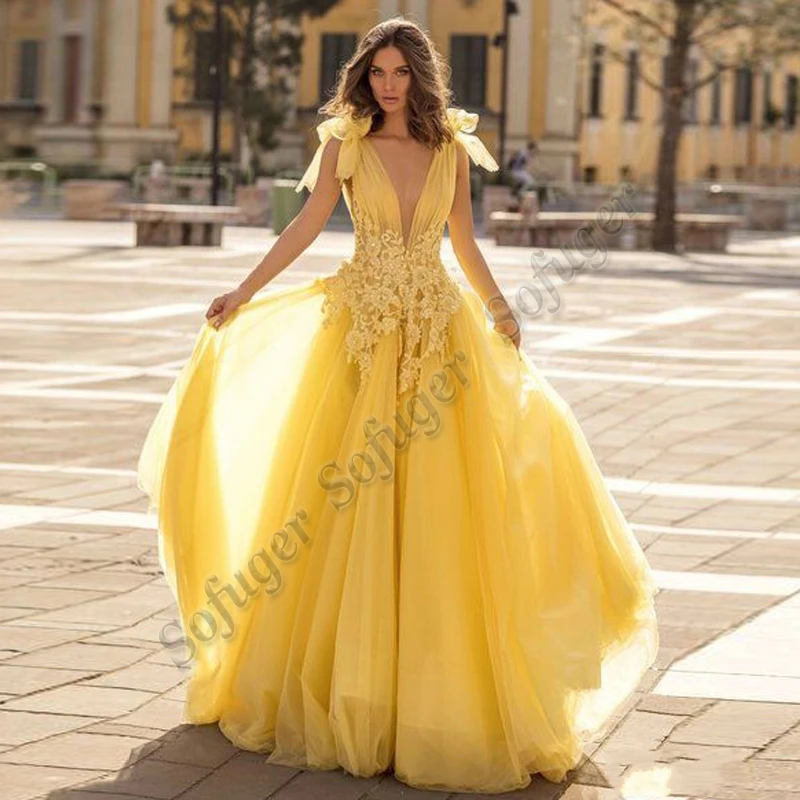 

Sofuge wd949 V-neck Evening Dress Floor Length Tulle Appliques Formal Women Homecoming Gown Vestido De NocheMet Gala Party Wear