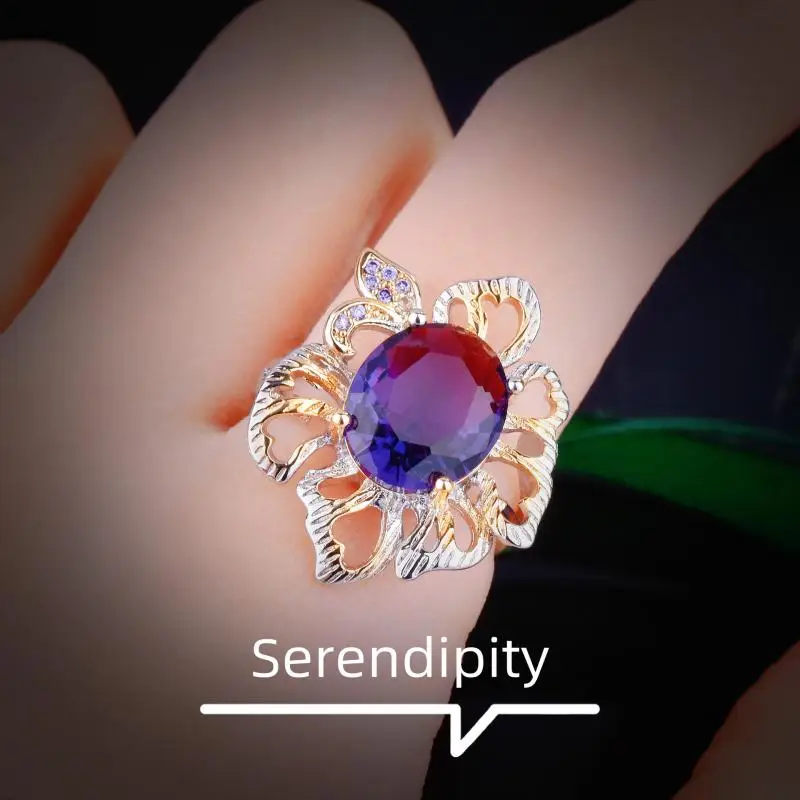 

HOYON Hand-designed two-color gold craft amethyst rings for women luxury jewelry flower color treasure opening ring gift box