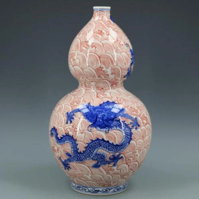 

China Blue & White Porcelain Qing Qianlong Red Wave Dragon Gourd Shape Vase 14"