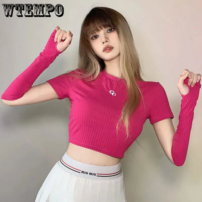 

Sexy Navel Exposure Hottie Oversleeve T-shirt Sweet Sexy Slim Women Cropped Top Y2K Preppy Style Solid Color Simple Casual