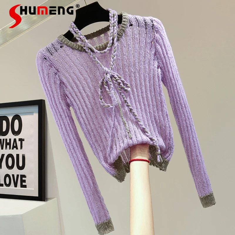 

Hollow-out Spliced Color Sweater Women Clothing 2023 Autumn Slim Fit Lace Up Elastic Knitted Pullover Outerwear Bottoming Shirt