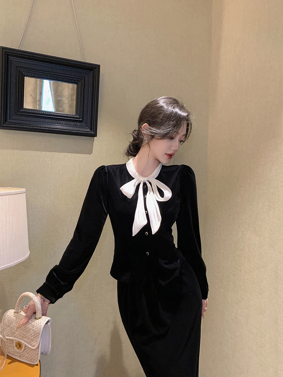 Lin Guanguan черные бархатные рубашки с бантом женские осенне-зимние уникальные