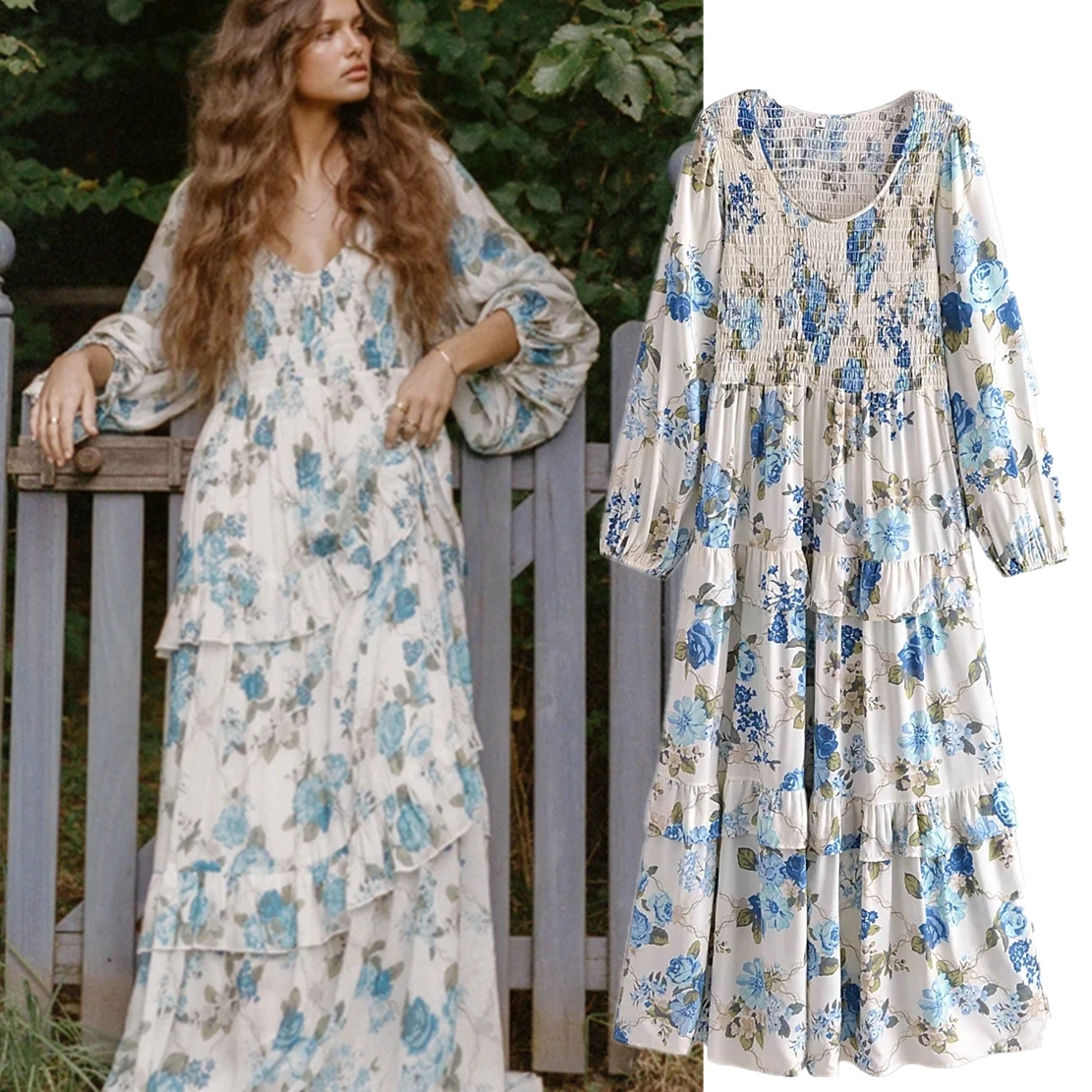 Elmsk Indie Folk French Vintage Ruffles Cascading Dress Fashion Floral Patchwork Elegant Maxi Dress Women