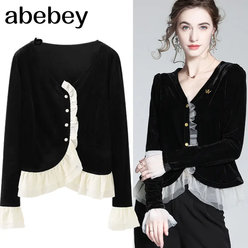 

Women Vintage Spring Autumn Ruched Mesh Patchwork Black Velvet Blouse Lady Casual Streetwear Chic Long Sleeve Blusas Za