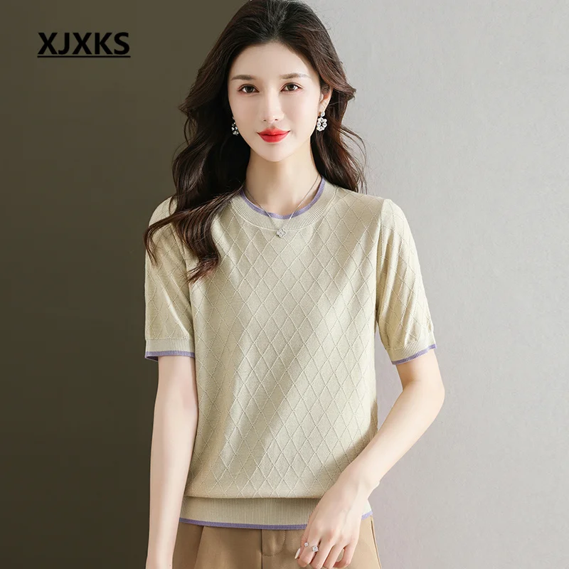 

Женская футболка с круглым вырезом XJXKS, повседневная трикотажная футболка из шелка тутового шелкопряда с короткими рукавами, лето 2023