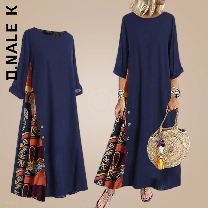 

Однотонное платье Макси D.Nale K с круглым вырезом, платья с рукавом 3/4 и боковыми пуговицами, Свободное длинное платье, простое популярное плат...