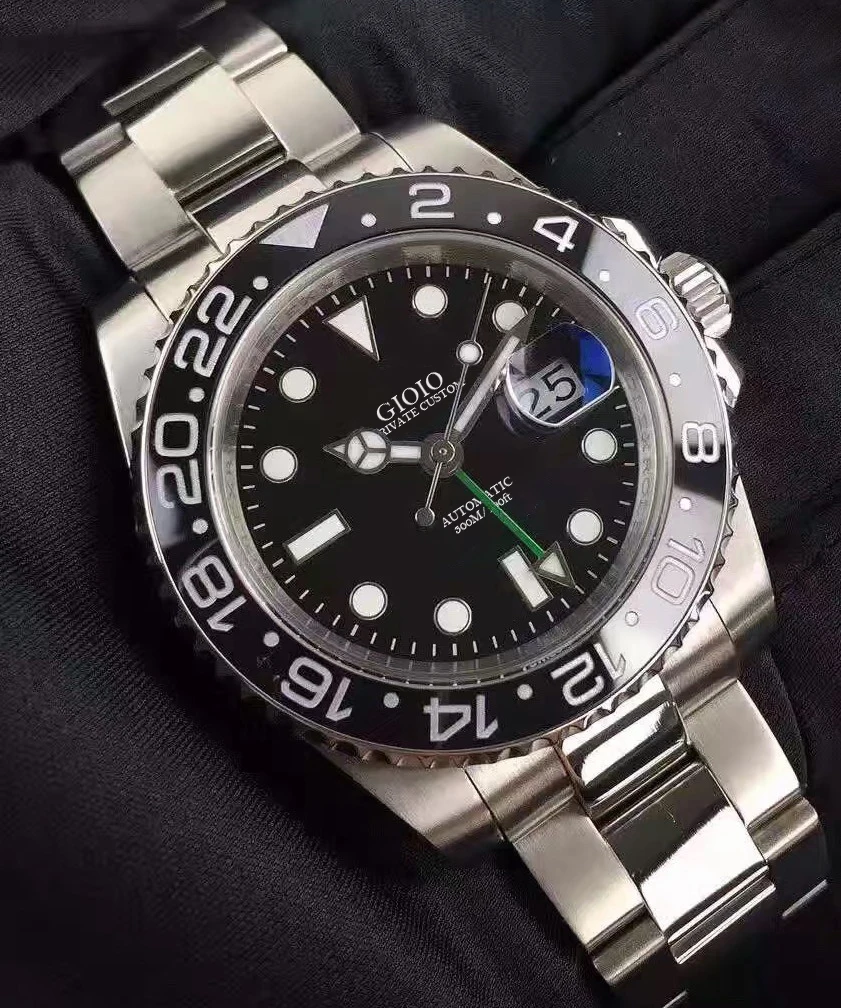 

men automatic mechanical watch black blue ceramic GMT