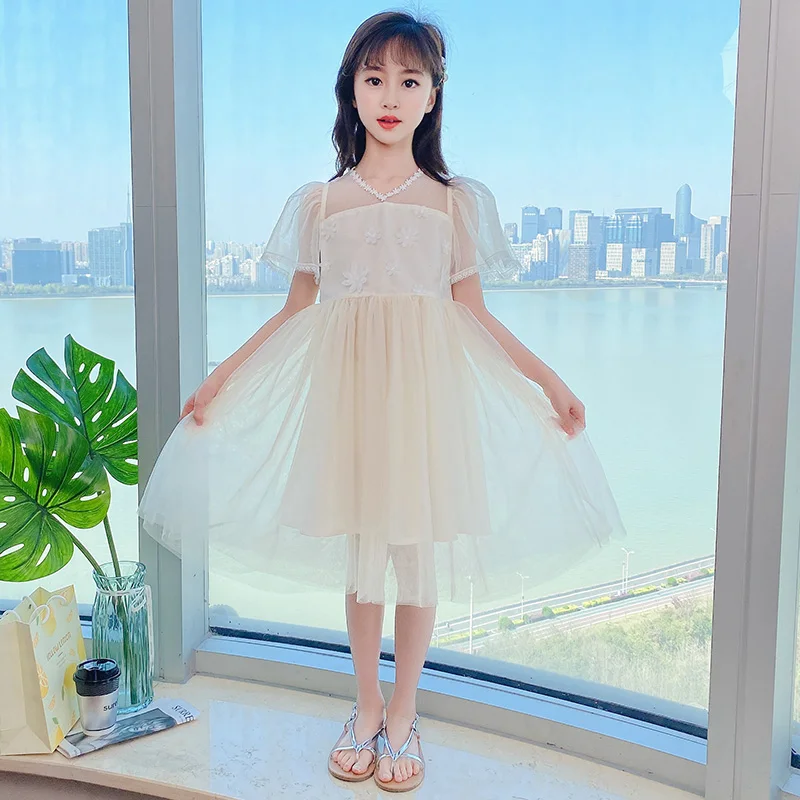

Summer girls' dresses tulle breathable 2022 new V-neck spring and autumn children's long skirts short-sleeved princess dresses