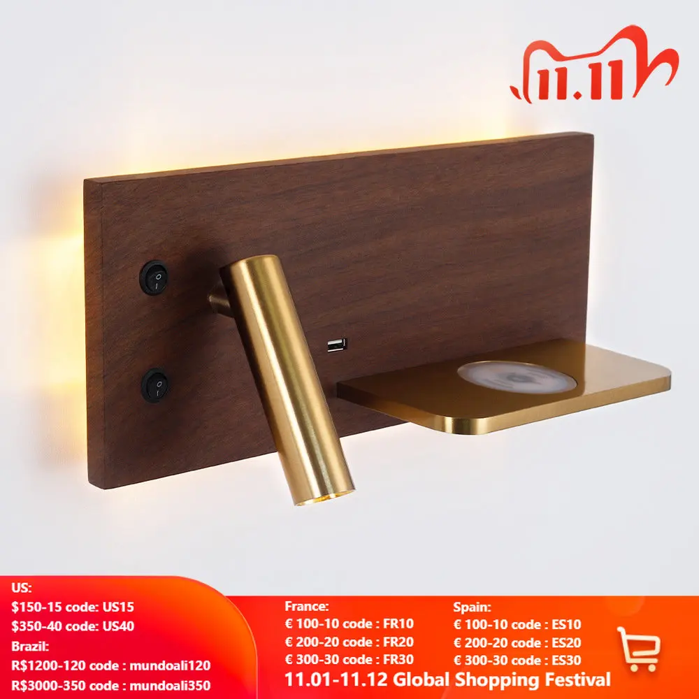 

Modern Wall Sconce Lamp with Led USB Wireless Charger Indoor Lighting Reading Bedroom Cabinets Bedside Multifunction Night Light
