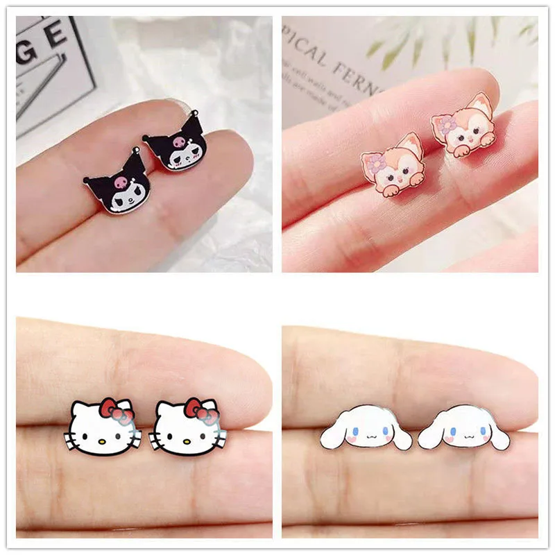 

4 шт./компл. Kawaii Sanrios аксессуары серьги Kuromi My Melody Cinnamoroll мультфильм простые серебряные иглы зажимы для ушей подарки для девочек