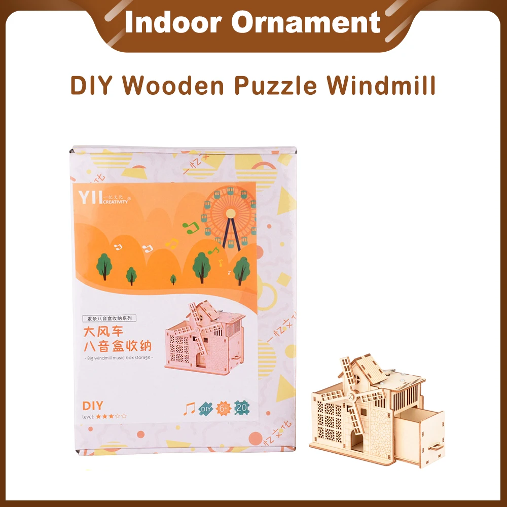 

O35-1 DIY Kids 3D Wooden Puzzles Windmill Pen Holder Music Box Model Assembling Building Kits Educational Toys For Children