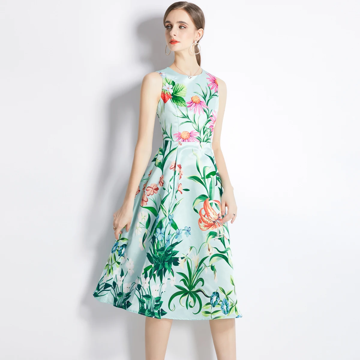 

Женское винтажное платье миди с круглым вырезом, без рукавов