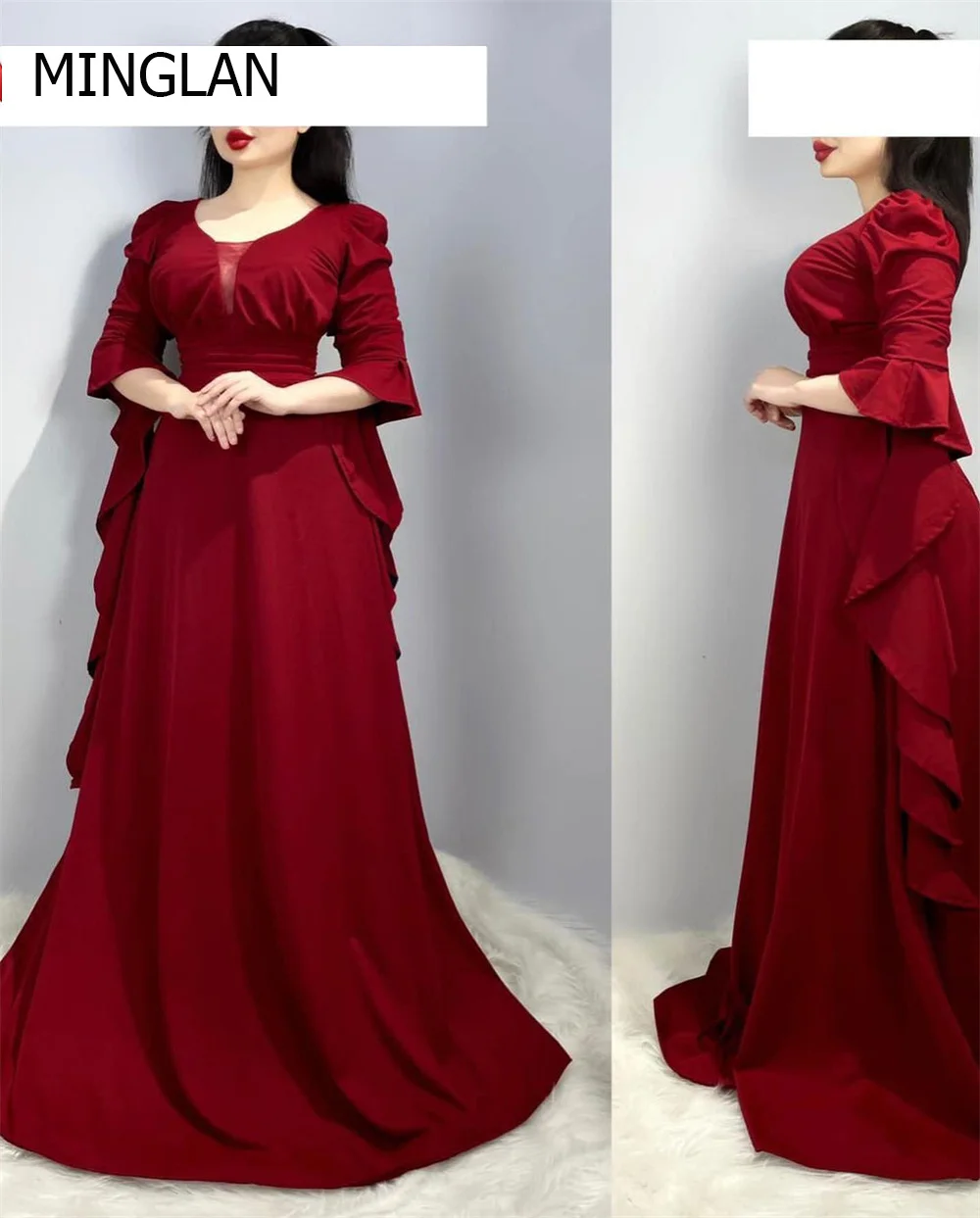 

MINGLAN Elegant O Neck Half Sleeve Pleat A Line Prom Dress Floor Length Sweep Train Fashion Formal Long Evening Gowns New 2023