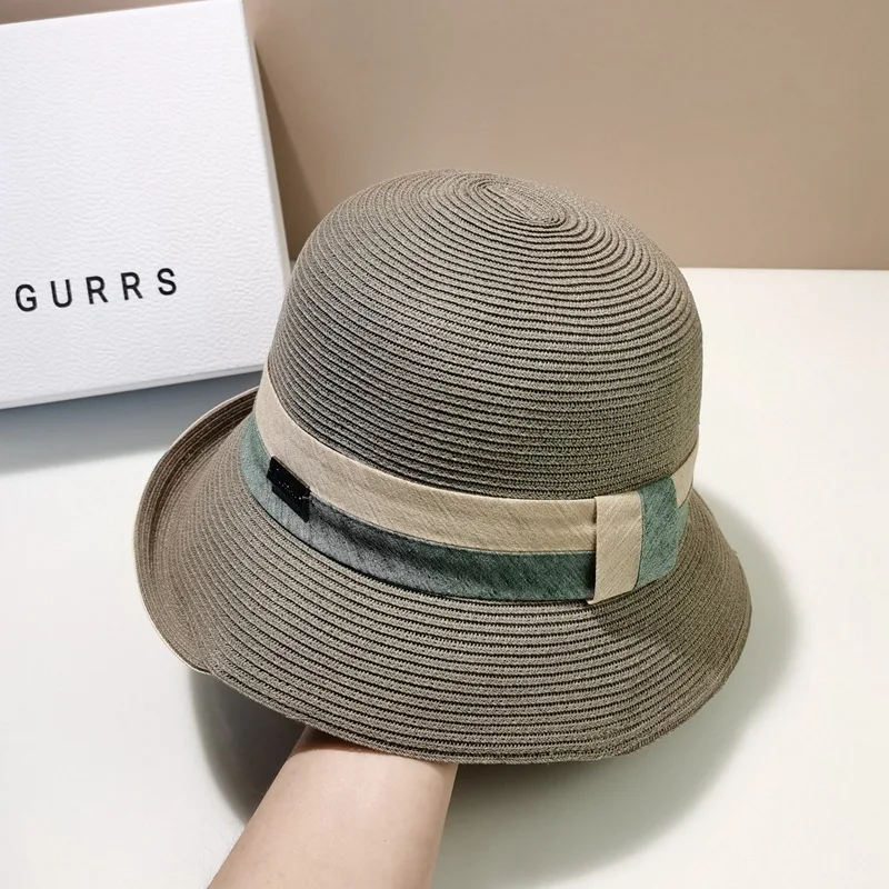 

2022 spring and summer new Japanese style curling basin hat contrast color foldable leisure vacation beach fisherman straw hat