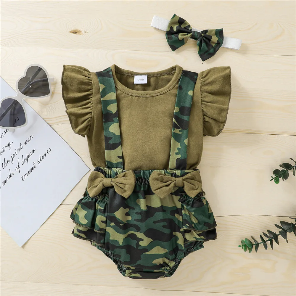 Baby Girl Clothing Set Army Green T-Shirt Top Camouflage Suspender Shorts Headband 0-24M Newborn Infant Toddler Summer Outfits