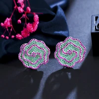 threegraces elegant green cubic zirconia flower shape big stud earrings for women white gold color fashion party jewelry er830