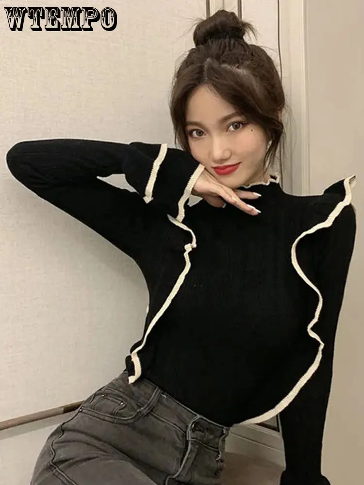 

Women's Sweater Vintage Ruffle Bottomed Sweater Pullover Slim Long Sleeve Top Warm Jumper In Autumn and Winter Women's Korean