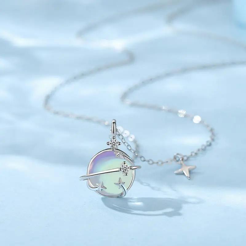 PRC20 S925 Sterling Silver Moonstone Planet Necklace Female Ins Niche Design Starry Sky Pendant Clavicle Chain Jewery