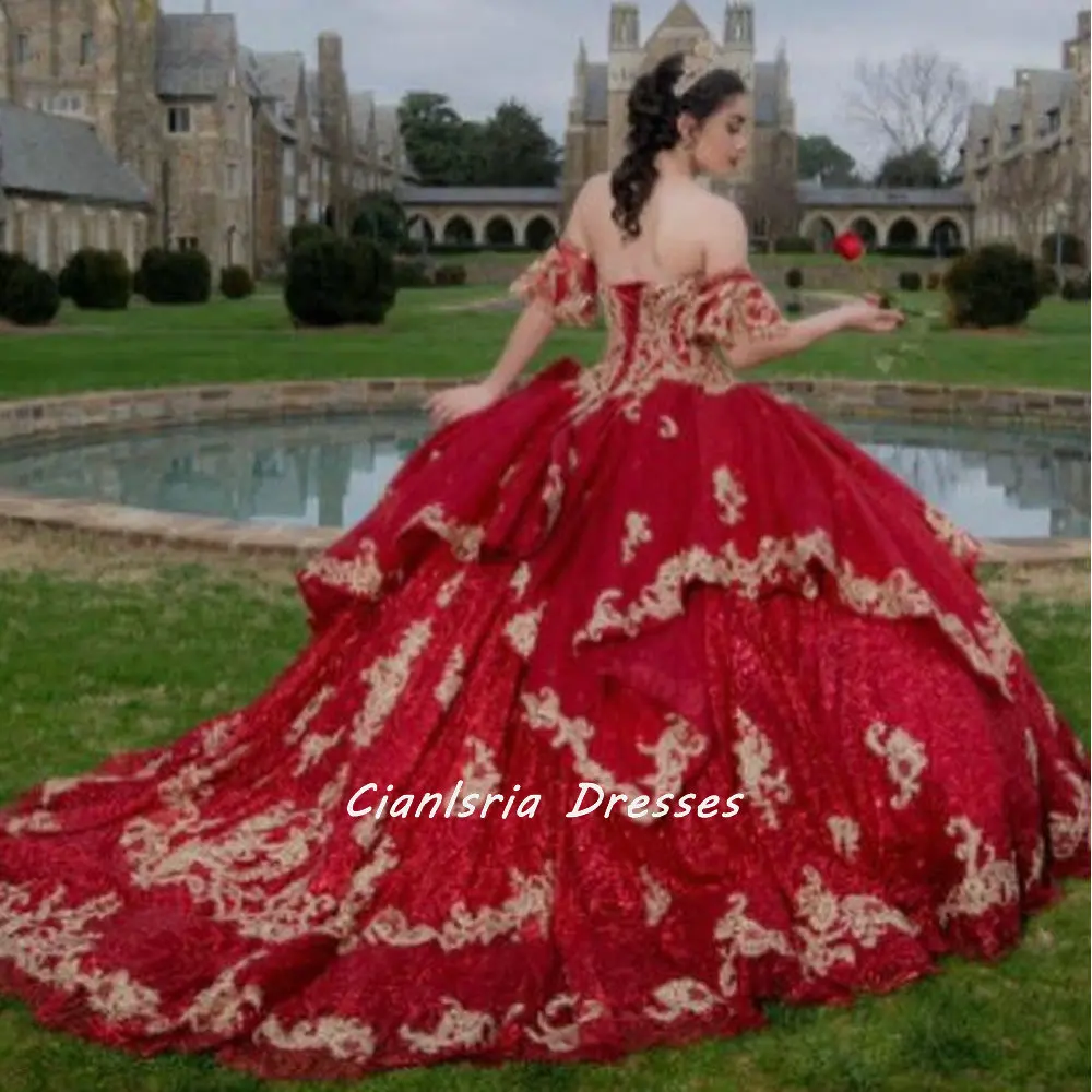 

Красное платье-корсет с открытыми плечами и оборками, бальное платье, кружевное милое платье с золотой аппликацией, 16 лет, XV