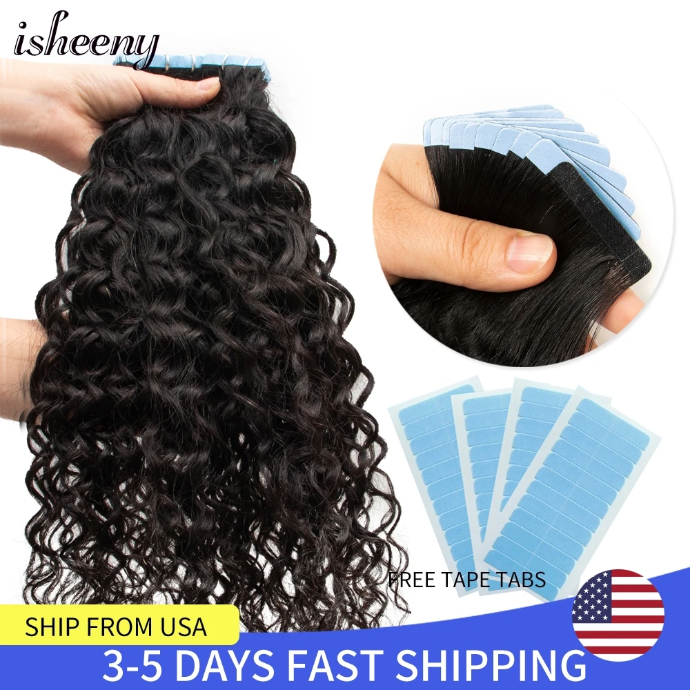 Isheeny Water Wave Tape in Human Hair Extensions Remy Curly Wet and Wavy Hair Bundles 14