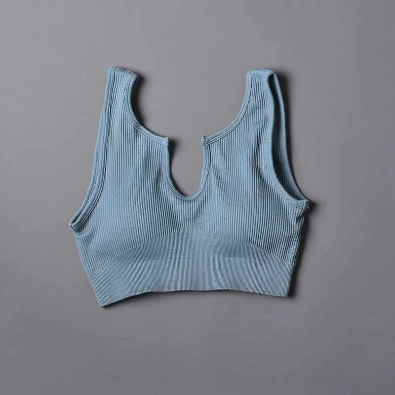 Women Yoga Bra U-neck Vest Tops Nylon Breathable Women Fitness Running Yoga Sports Bra Solid Color Ribbed Sport Wear Bras