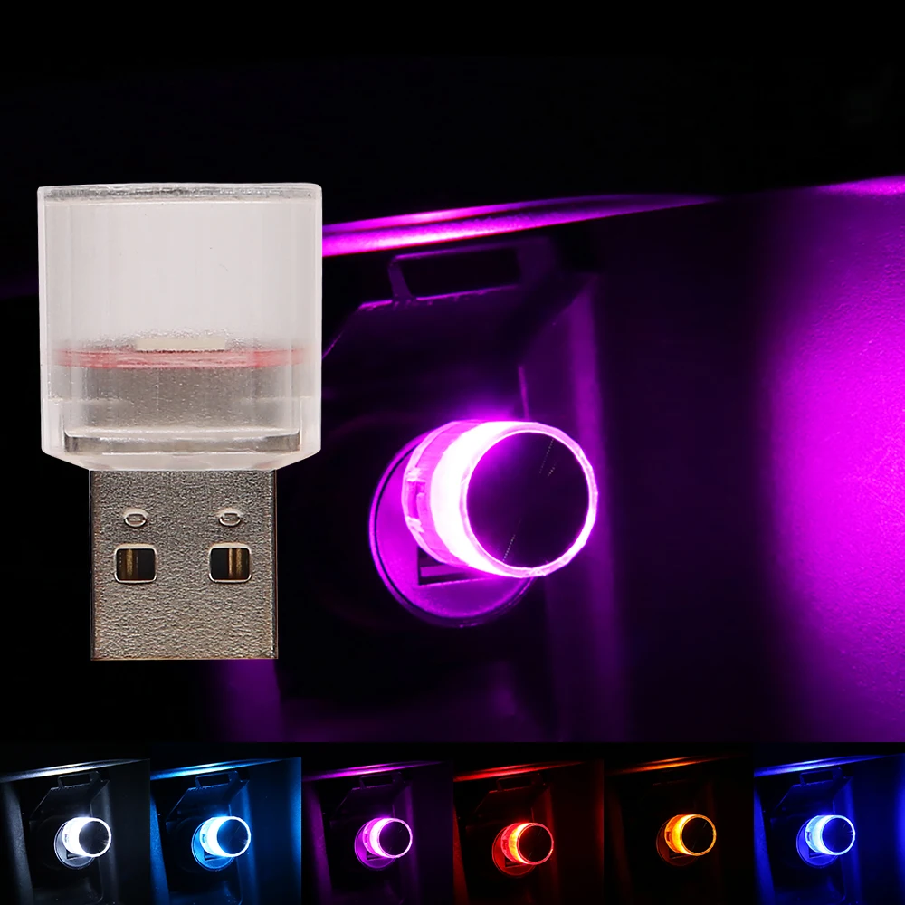 Mini USB Car Ambient Light Colorful Flash LED Atmosphere Lamp Portable Plug Play Auto Interior Decorative Lighting Blue Purple
