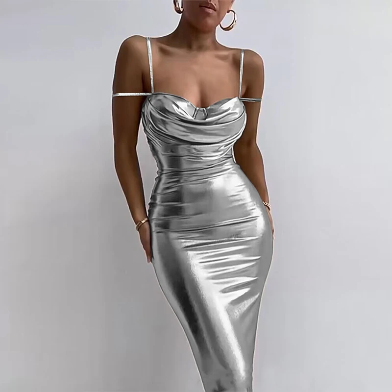 

Spring Casual Bright Fake Leather Evening Dress Women Sexy Strapless Hollow Long Dress Summer Off Shoulder Bandage Bodycon Dress