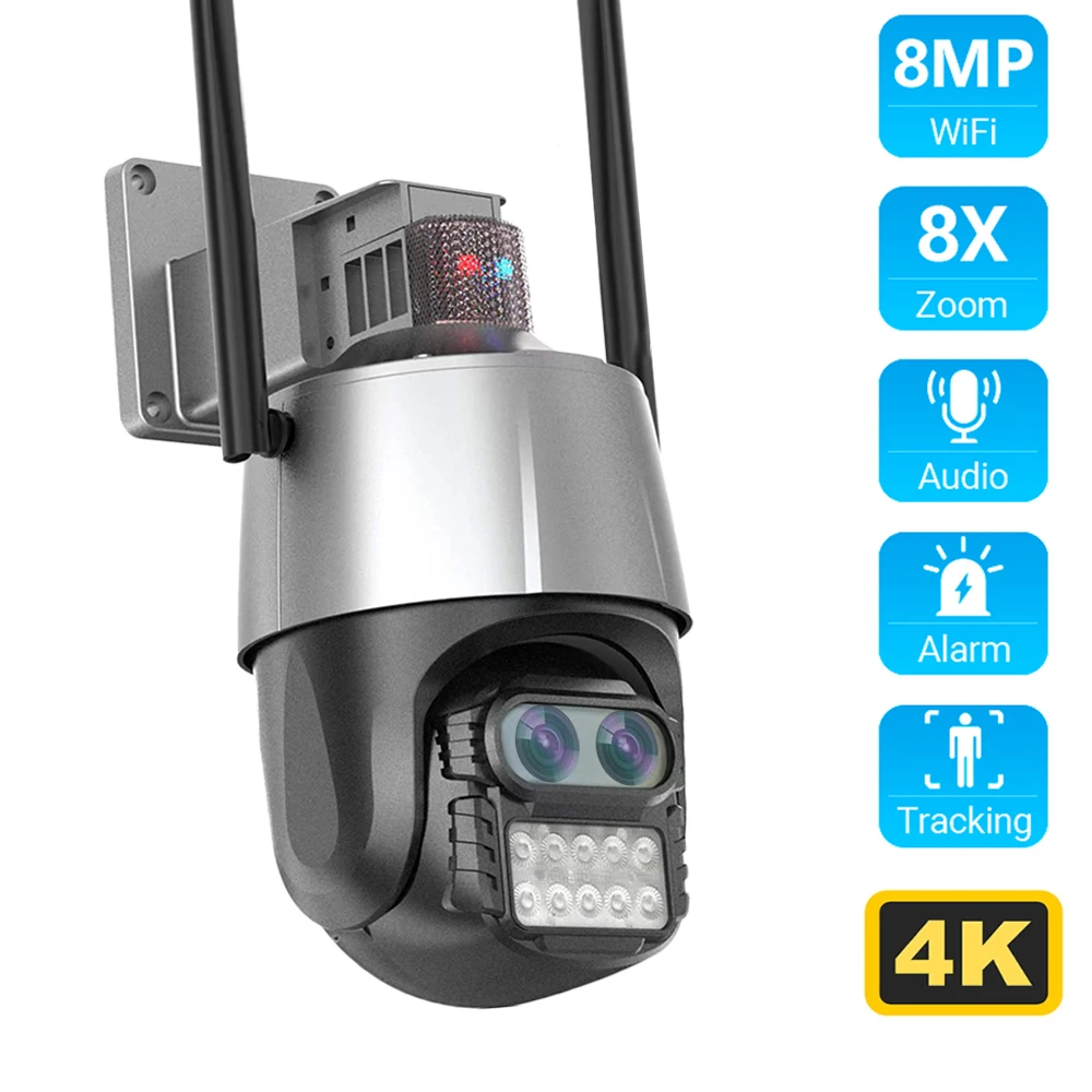 

8MP 4K Outdoor Wifi Camera with Alarm Dual Lens 8X Zoom Motion Detection Speed Dome PTZ IP Camera Two Way Audio CCTV Camera