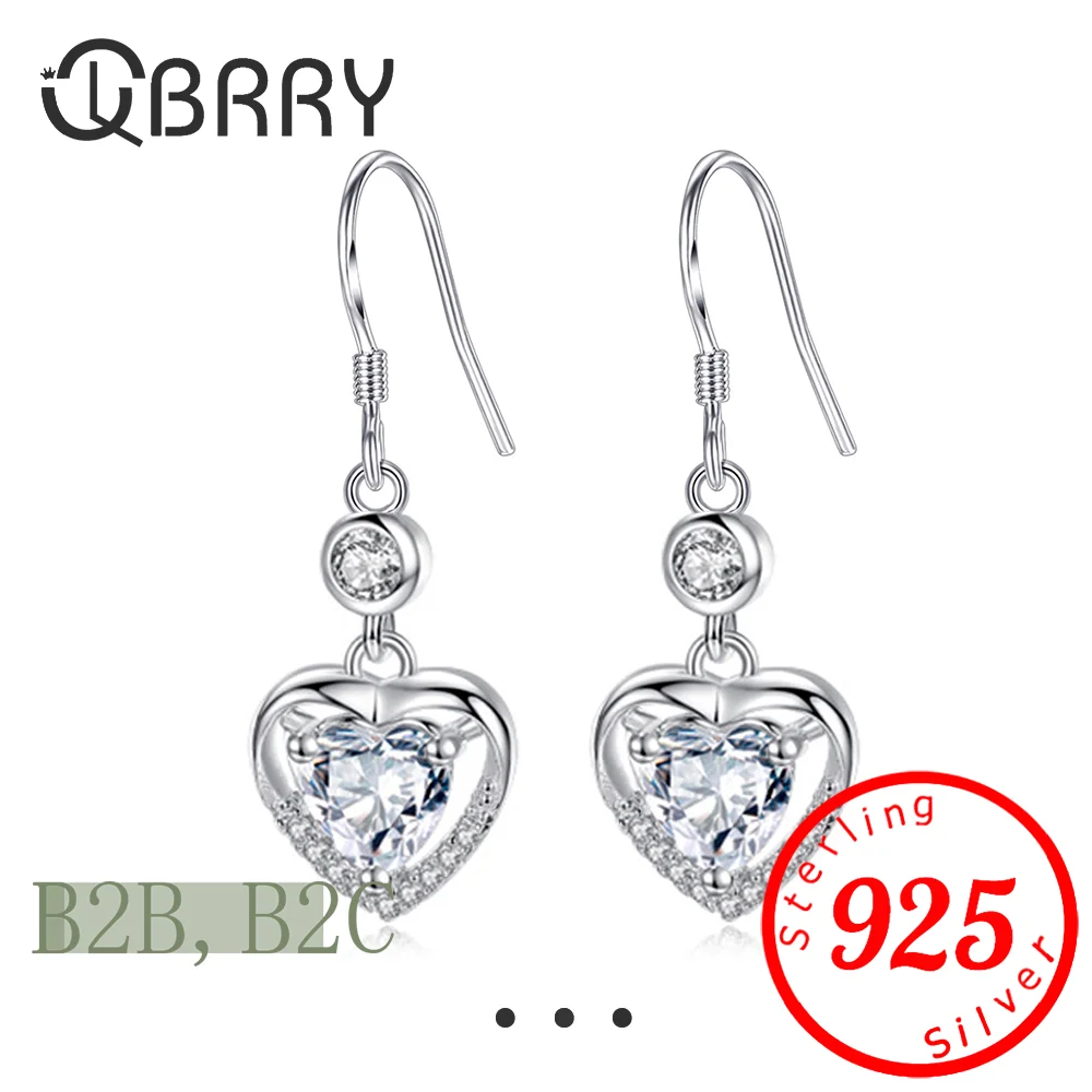 925 Sterling Silver Women's New Original Jewelry Crystal Heart Drop Earrings