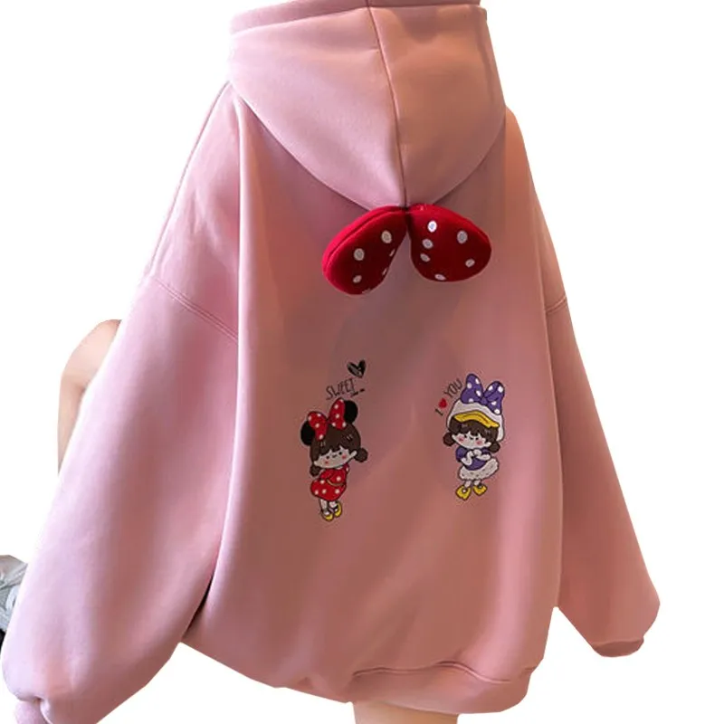 

2022 Pink Cute Sweet Maiden Coat Fleece Thick Hoodies Sweatshirt Trendy Winter Bow-knot Decorate Girl Dancing Pullover Female