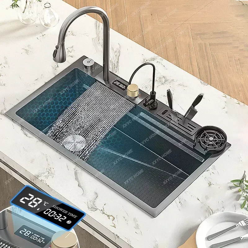 

New Waterfall Sink Stainless Steel Kitchen Sink Large Single Household Washbasin Embossed honeycomb multifunctional sink