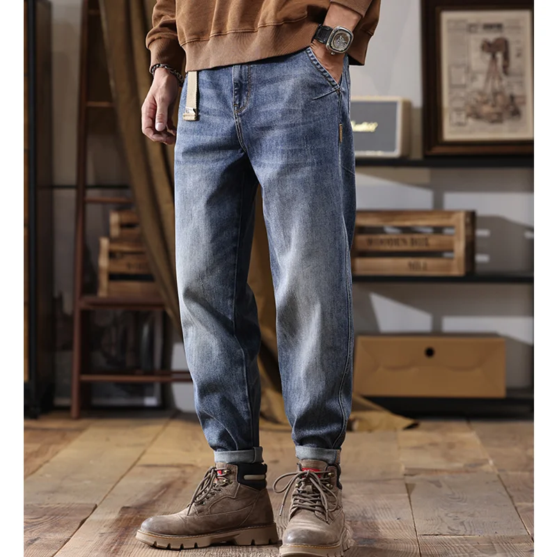 Streetwear Men New Pattern Recreational Vintage Nostalgia Blue Jeans Straight Cylinder Loose Trousers Autumn and Winter Female