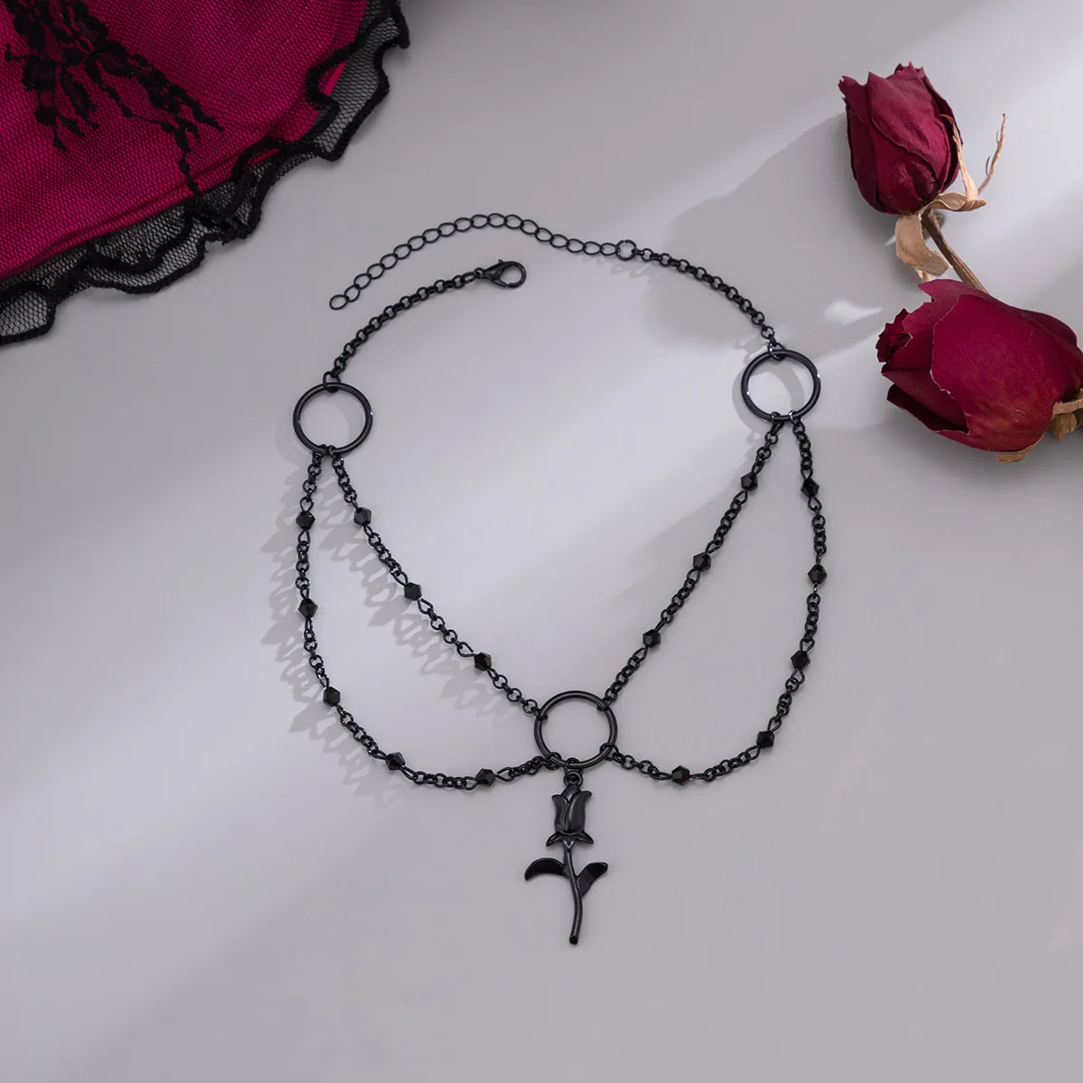 Jewelry retro minimalist black rose collarbone chain Halloween imitation crystal tassel necklace for women