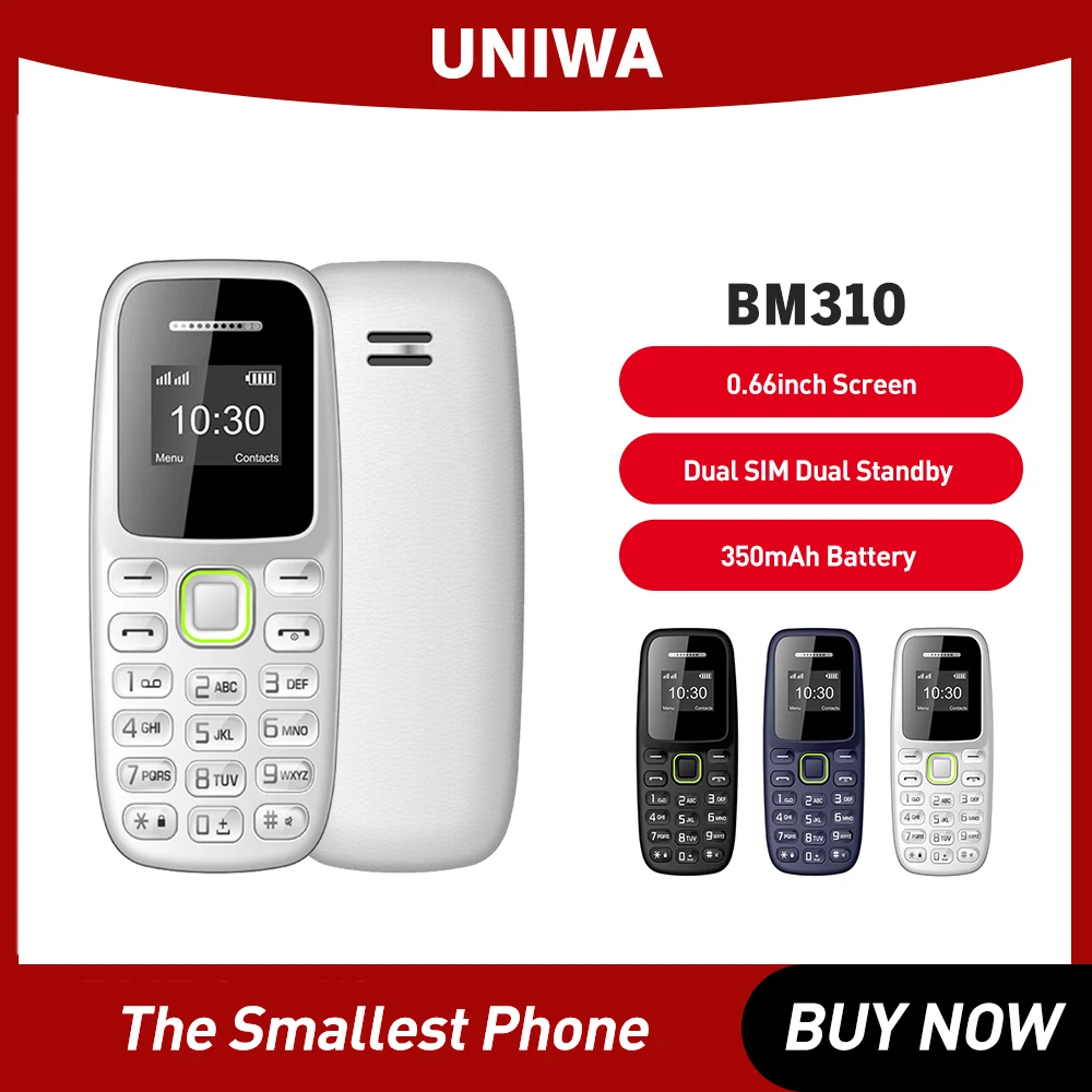 

UNIWA BM310 Mini Mobile Phone Dual Sim FM Radio 2G GSM Unlocked Phone MTK6261D 0.66 inch Super Thin GSM Small Phone