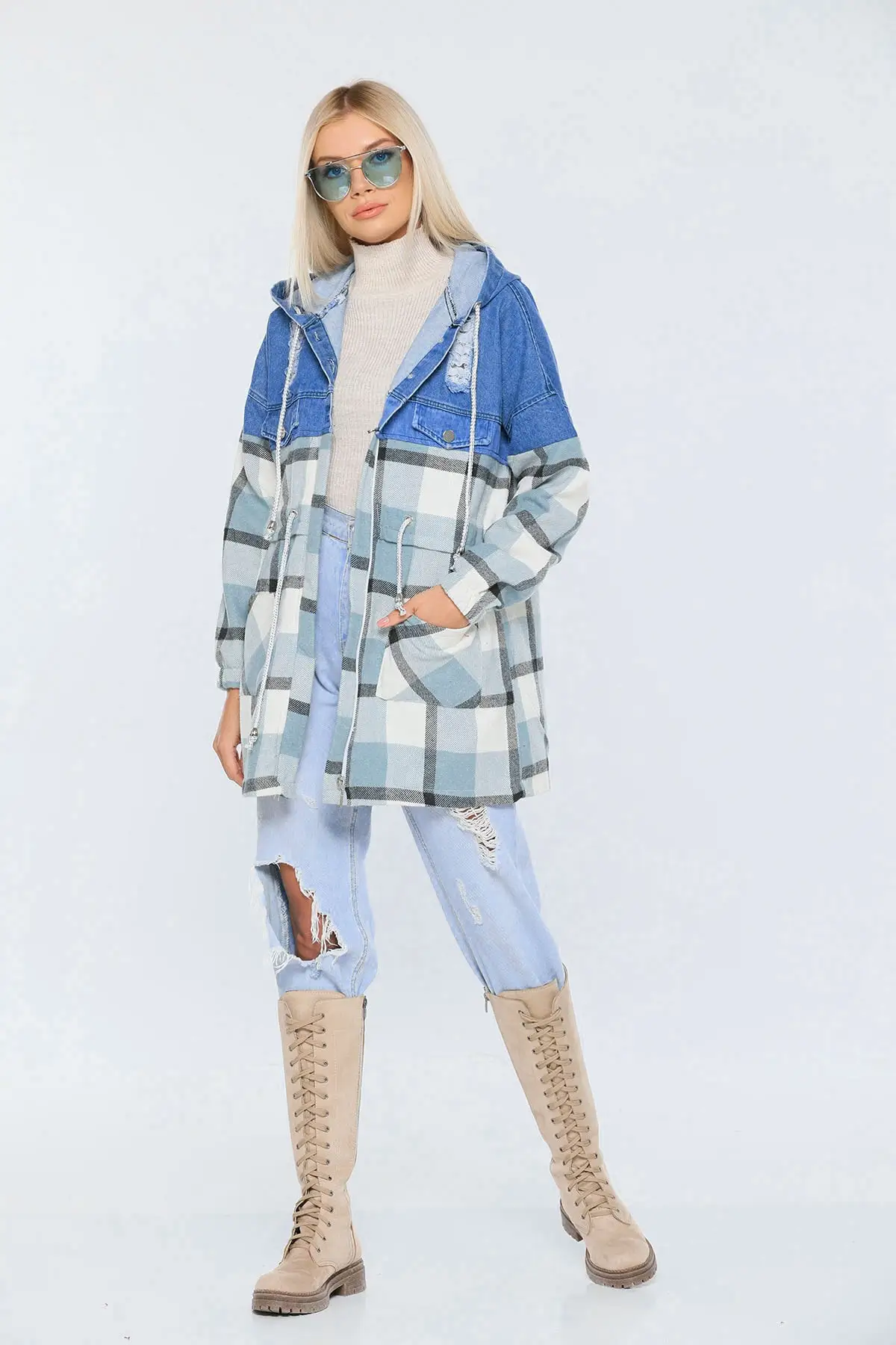 

Женская модная джинсовая куртка, синяя клетчатая джинсовая куртка с капюшоном