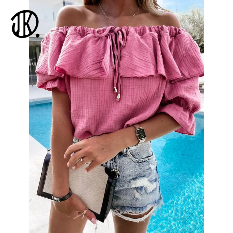 

Футболка женская однотонная с открытыми плечами, пикантный Повседневный облегающий топ с рукавом до локтя, с рюшами, на шнуровке, пляжная одежда с оборками, 2XL, на лето