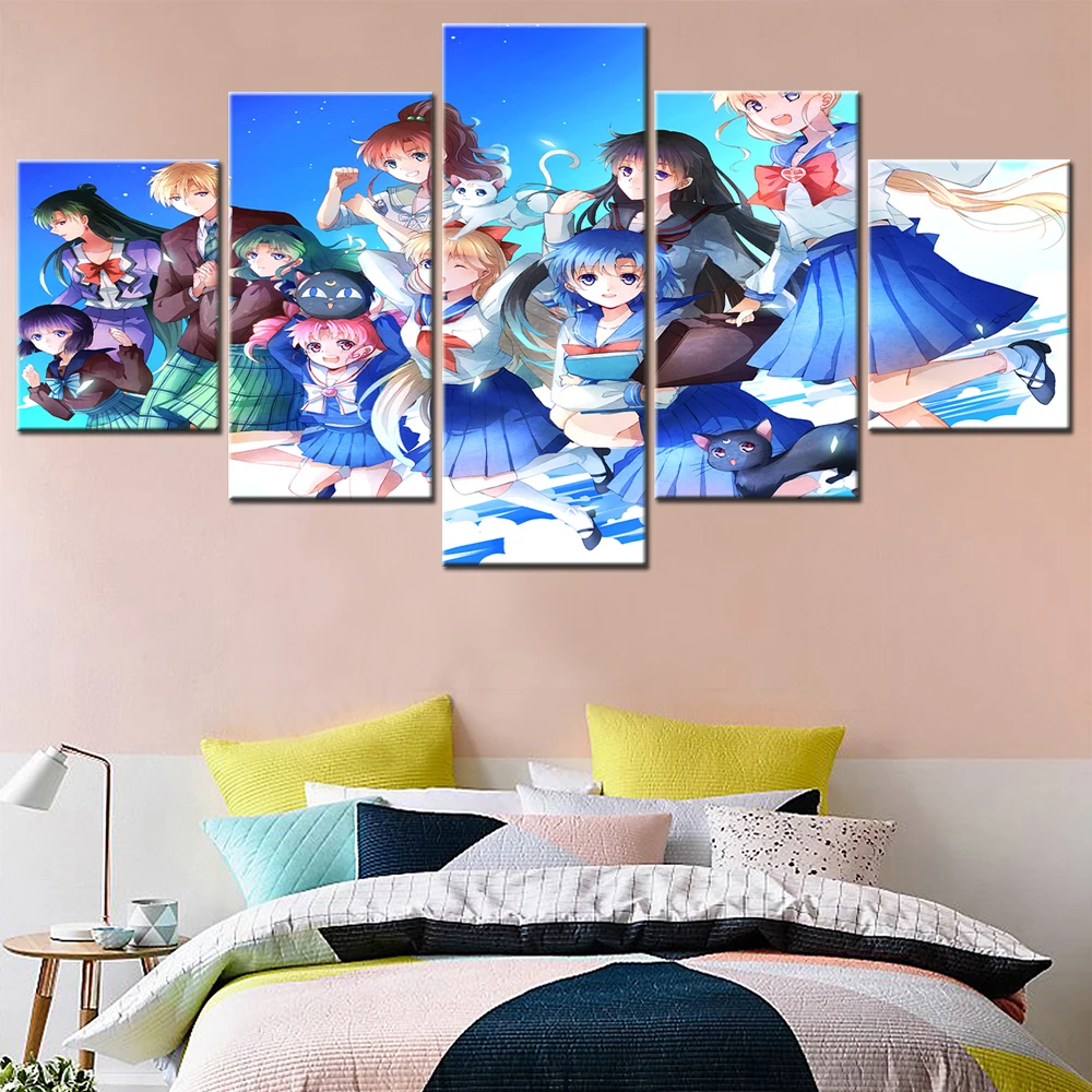 Japanese Anime Canvas Painting Sailor Moon Girl 5 Pieces Art Modern Posters and Prints Print Mural Pictures Home Wall Decoration