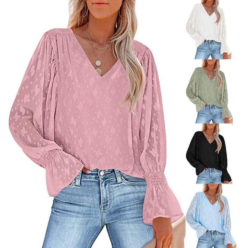 

Sweet Lace Chiffon Blouse for Women Long Sleeves Shirt All-match V Neck Tops