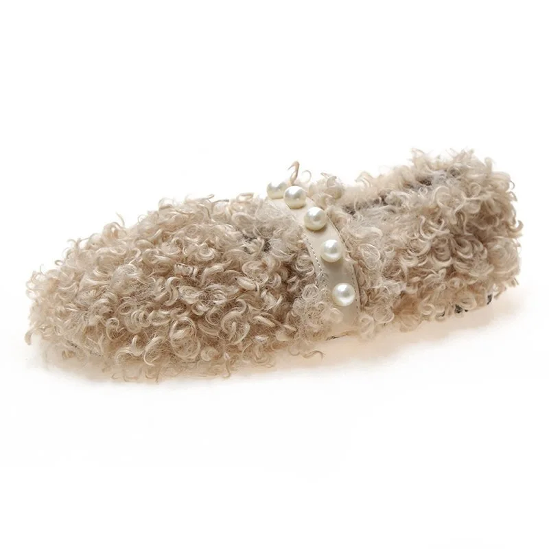 2022 Cashmere Lambswool Flats Femme Slip on Plush Winter Ladies Shoes Curly Furry Loafers Women Zapatos Casual shoes