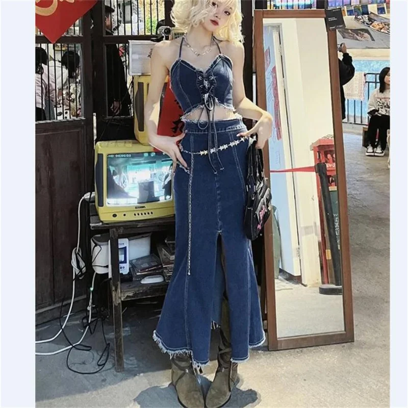 

Sexy Denim Skirt Set Women Vintage Strap Halter Neck Bandage Tank Top + High Waist Split Mermaid Jean Dress Two Peice Set Summer