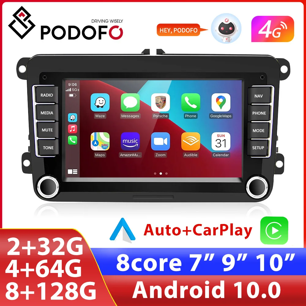 Podofo 8+128G 2 Din Android 9.1 Radio Car GPS Multimedia Player For VW/Volkswagen/Golf/Polo/Passat/b7/b6/SEAT/leon/Skoda Carplay