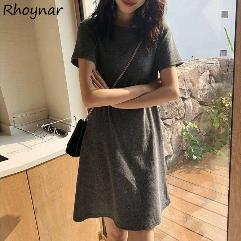

Short Sleeve Dresses Women Solid A-line Simple Basic All-match Cozy Fashion Ulzzang Summer Hot Sale Ins Holiday Casual Vestidos