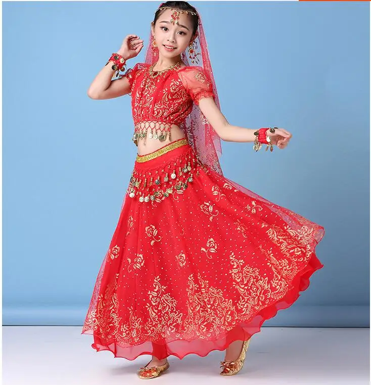 

Костюм для танца живота для девочек, индийская Восточная одежда для выступлений, детское блестящее платье