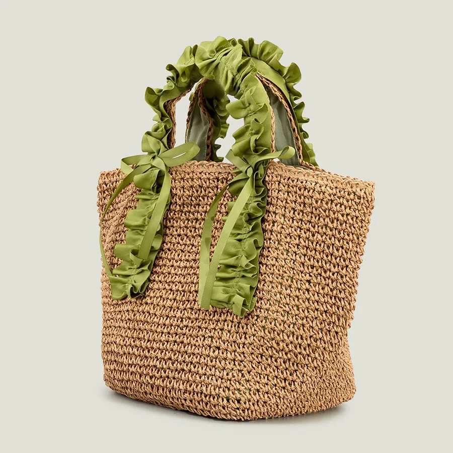 Elegant Ruched Handle Straw Women Handbags Paper Woven Tote Bag Handmade Summer Beach Bags Casual Bali Female Purses 2023