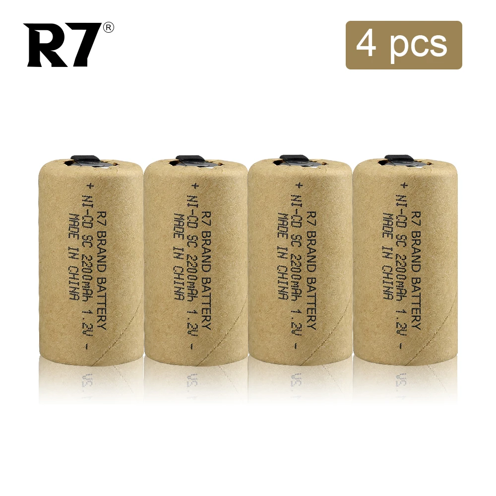 

4PCS R7 1.2V Sub C Ni-Cd Rechargeable Battey with Tabs Screwdriver Electric Drill SC Battery 2200mAh Power Tool NiCd sub c cell