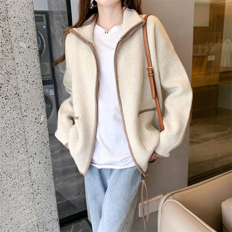 

2023 Gentle Soft Sweater Coat Women's Autumn Winter New Korean Loose Zipper Knitted Cardigan Polyester Knitwear Tops
