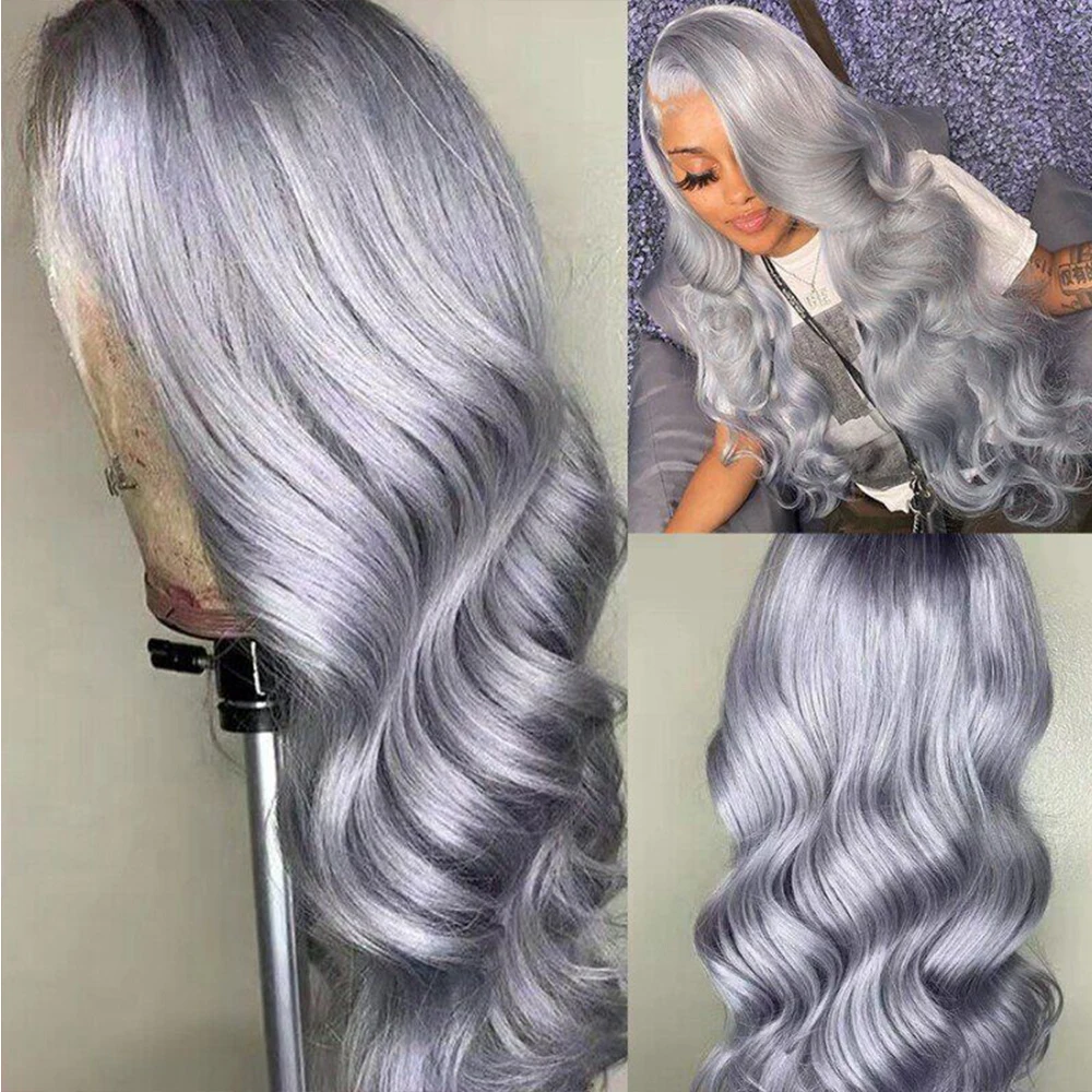Серебристо-серый волнистый бразильский парик Remy Hair 13X4 HD с кружевной передней